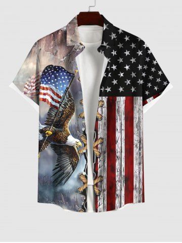 Plus Size 3D Lace Up Distressed Ombre Patriotic American Flag Eagle Print Button Pocket Shirt For Men - MULTI-A - S