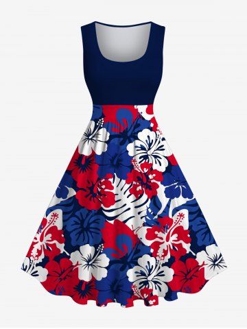 Plus Size Hibiscus Flower Palm Tree Leaf Print Hawaii 1950s Vintage Dress - MULTI-A - S