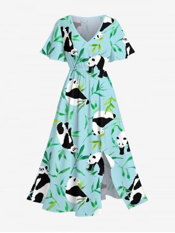 Plus Size Panda Bamboo Leaf Print Hawaii Split Dress - LIGHT GREEN - 5X