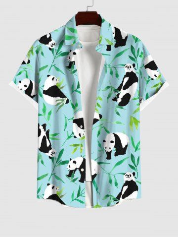 Men's Panda Bamboo Leaf Print Buttons Pocket Hawaii Shirt - LIGHT GREEN - S