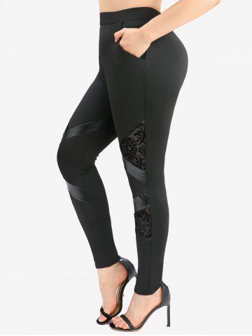 Plus Size Floral Flocking Mesh PU Leather Patchwork Pockets Leggings