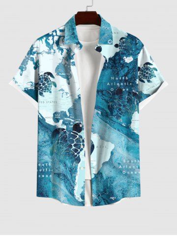 Plus Size Turtle Blue Ocean Sea World Map Pattern Print Buttons Pocket Hawaii Shirt For Men - MULTI-A - XL