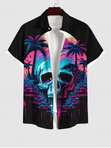 Plus Size Skull Cave Coconut Tree Mountain Print Hawaii Button Pocket Shirt For Men