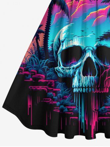 Plus Size Skull Cave Coconut Tree Mountain Print 1950s Hawaii Vintage Swing A Line Dress