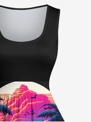 Plus Size Skull Cave Coconut Tree Mountain Print 1950s Hawaii Vintage Swing A Line Dress