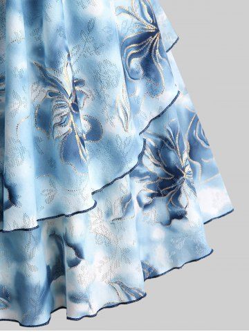 Plus Size Cowl Neck Gilding Ombre Flower Print Pointelle Hollow Out Layered Ruffles Crisscross Backless Cami Top