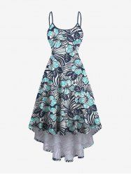 Plus Size Striped Flower Print Hawaii High Low Asymmetric A Line Cami Dress -  