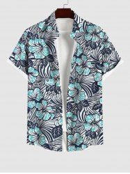 Plus Size Striped Flower Print Hawaii Button Pocket Shirt For Men -  