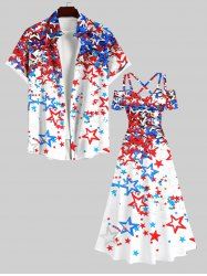 Cold Shoulder Colorful Stars Patriotic American Flag Print Plus Size Matching Set For Couples -  