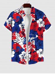 Plus Size Hibiscus Flower Palm Tree Leaf Print Buttons Pocket Hawaii Shirt For Men -  