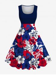 Plus Size Hibiscus Flower Palm Tree Leaf Print Hawaii 1950s Vintage Dress -  