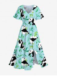 Plus Size Panda Bamboo Leaf Print Hawaii Split Dress -  