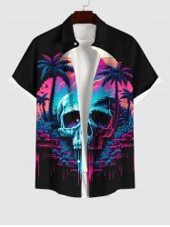 Plus Size Skull Cave Coconut Tree Mountain Print Hawaii Button Pocket Shirt For Men -  