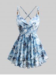 Plus Size Cowl Neck Gilding Ombre Flower Print Pointelle Hollow Out Layered Ruffles Crisscross Backless Cami Top -  