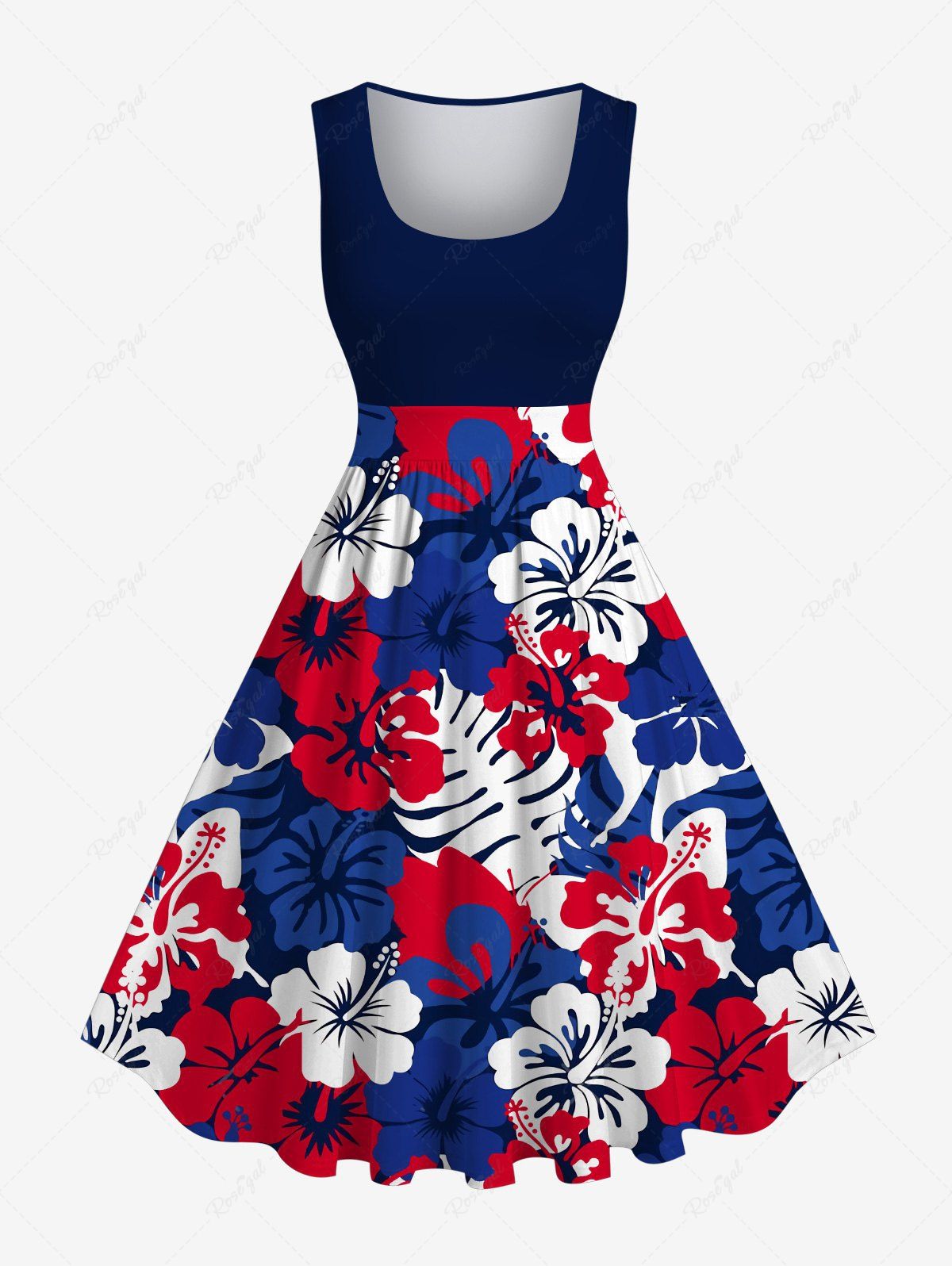 Affordable Plus Size Hibiscus Flower Palm Tree Leaf Print Hawaii 1950s Vintage Dress  