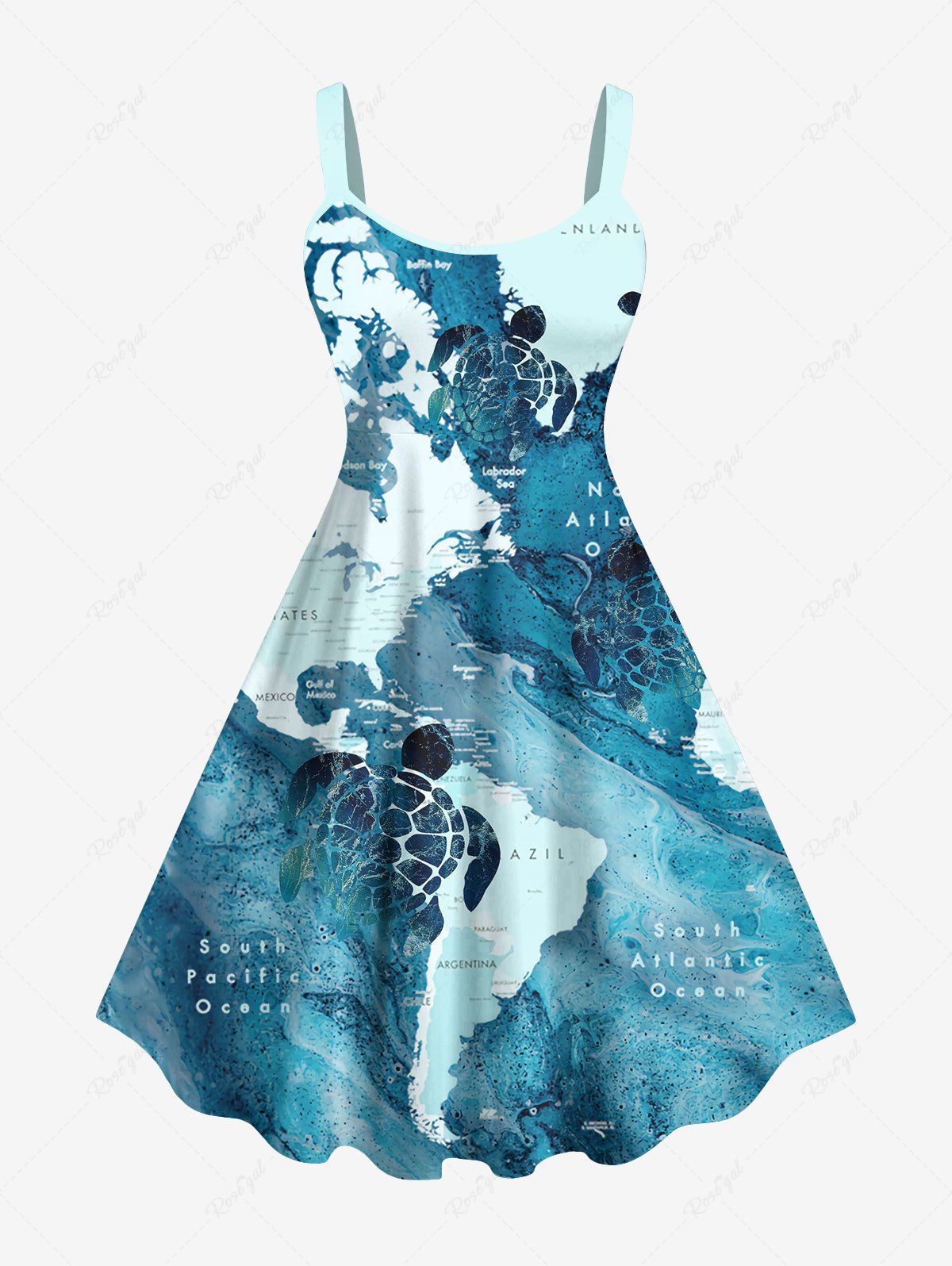 Sale Plus Size Turtle Blue Ocean Sea World Map Pattern Print Hawaii Tank Dress  