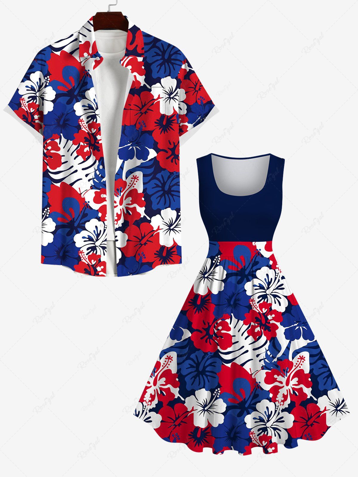 Affordable Patriotic American Flag Hibiscus Flower Palm Tree Leaf Print Patriotic Plus Size Matching Outfit  