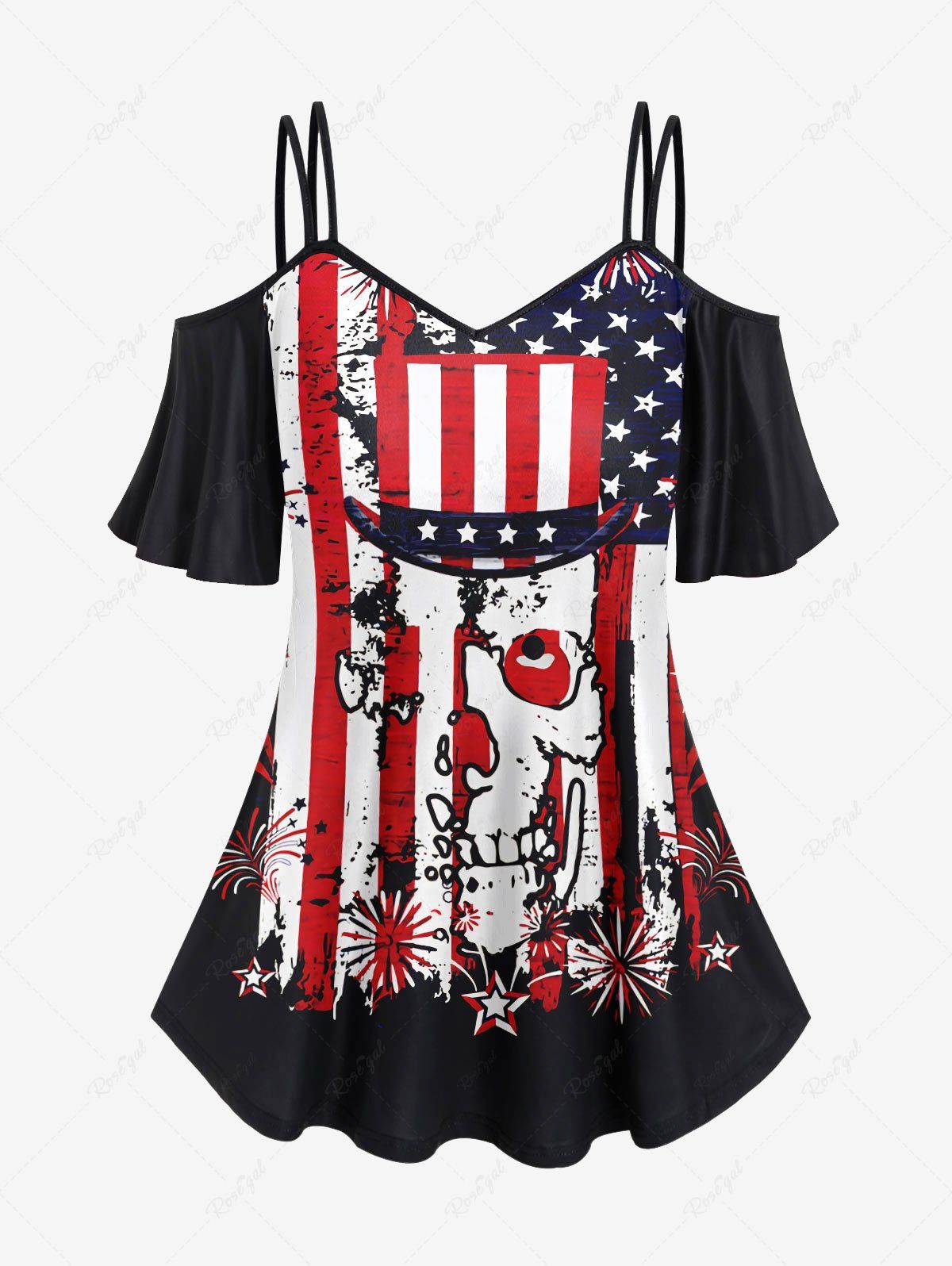 T-shirt Drapeau Américain Crâne et Peinture D'Encre Imprimés à Epaule Dénudée de Grande Taille Noir 4X