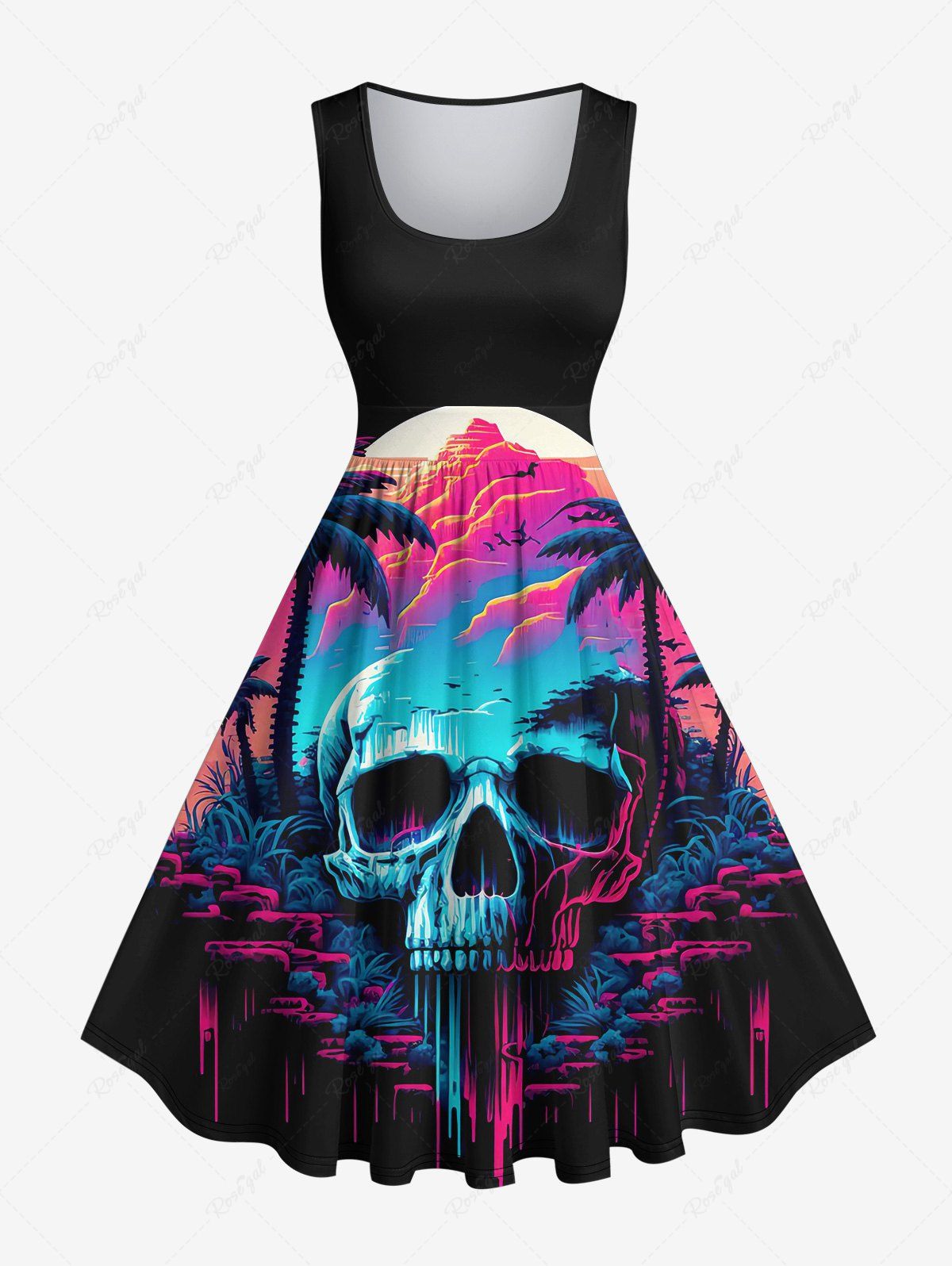 Buy Plus Size Skull Cave Coconut Tree Mountain Print 1950s Hawaii Vintage Swing A Line Dress  