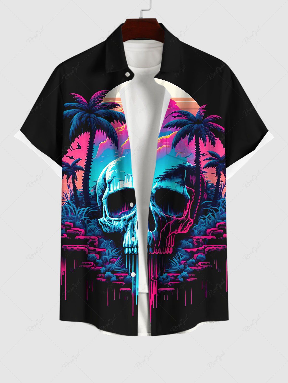 Trendy Plus Size Skull Cave Coconut Tree Mountain Print Hawaii Button Pocket Shirt For Men  