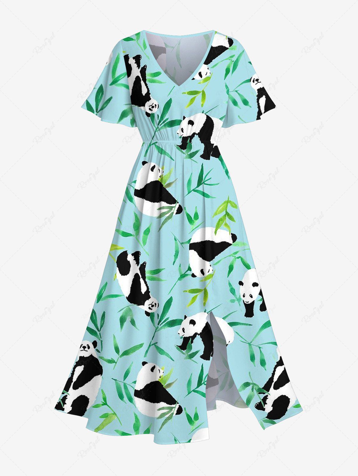 Unique Plus Size Panda Bamboo Leaf Print Hawaii Split Dress  
