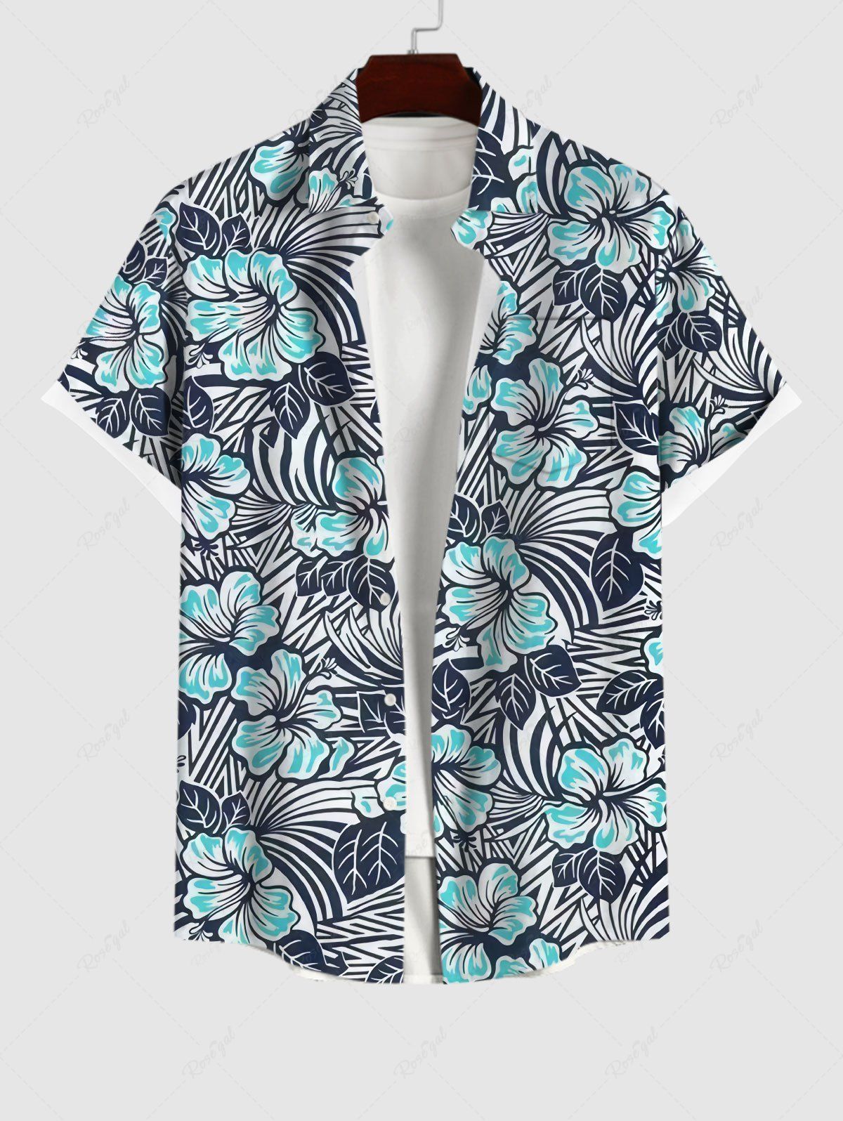 Affordable Plus Size Striped Flower Print Hawaii Button Pocket Shirt For Men  
