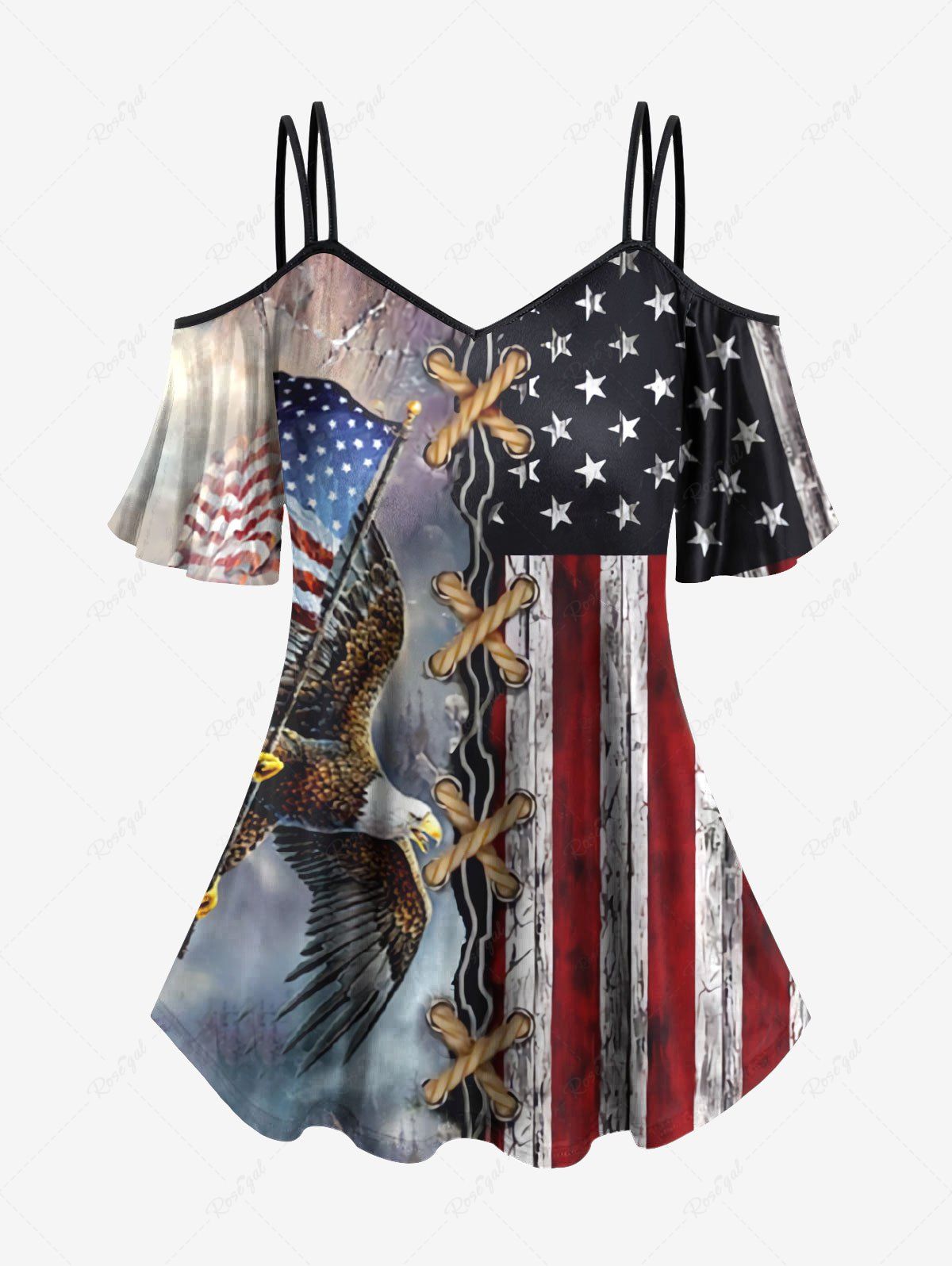 Affordable Plus Size Cold Shoulder 3D Lace Up Distressed Ombre Patriotic American Flag Eagle Print Cami T-shirt  