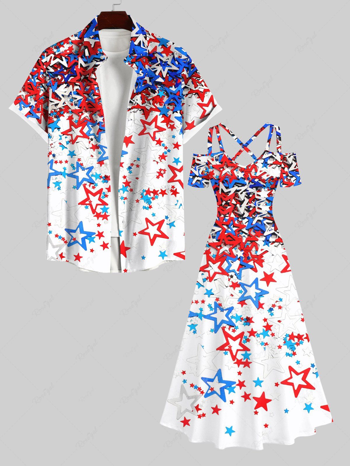 Shop Cold Shoulder Colorful Stars Patriotic American Flag Print Plus Size Matching Set For Couples  