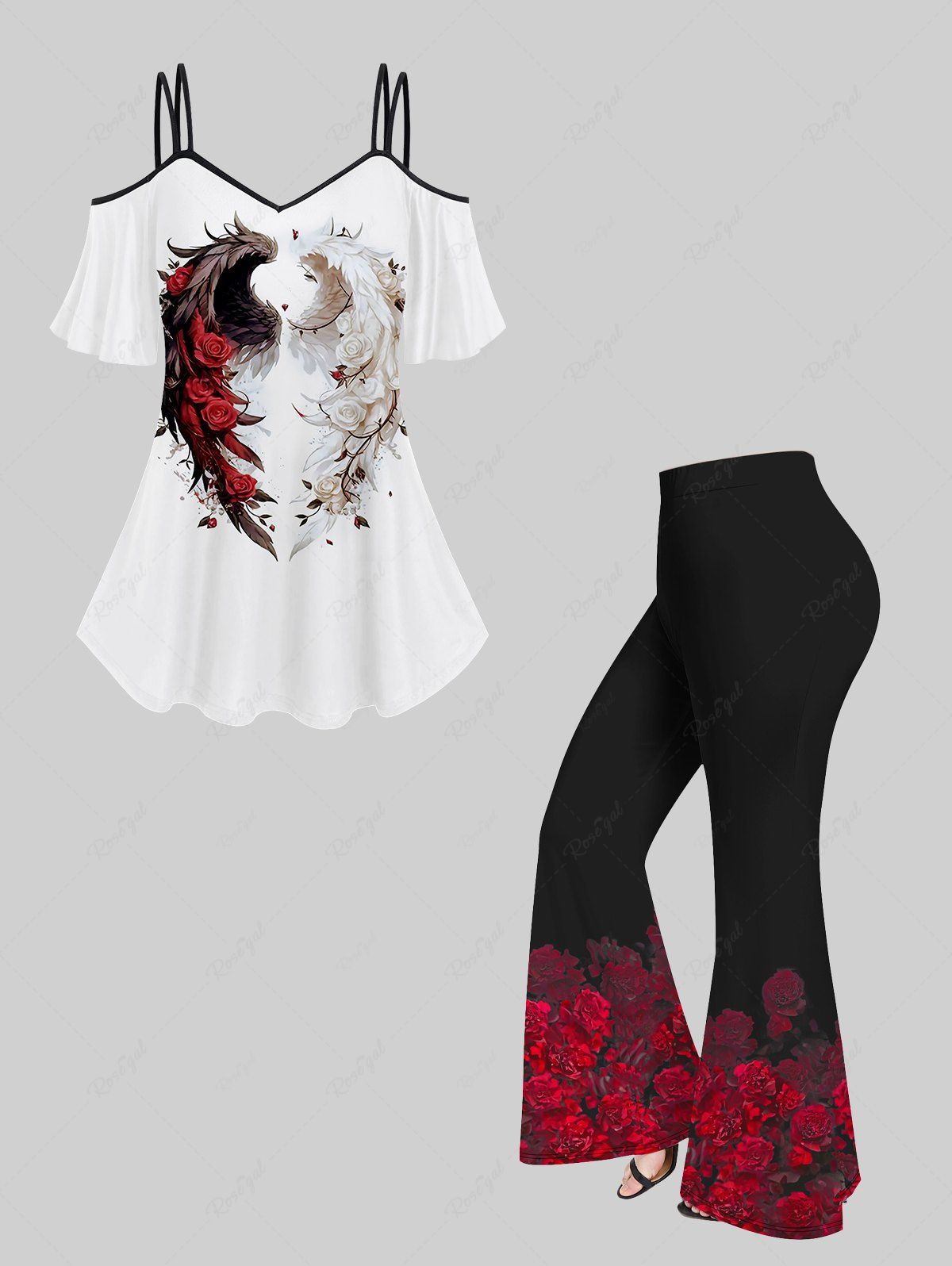 Online Cold Shoulder Rose Flower Feather Wings Heart Print Cami T-shirt and Flare Pants Plus Size Matching Set  