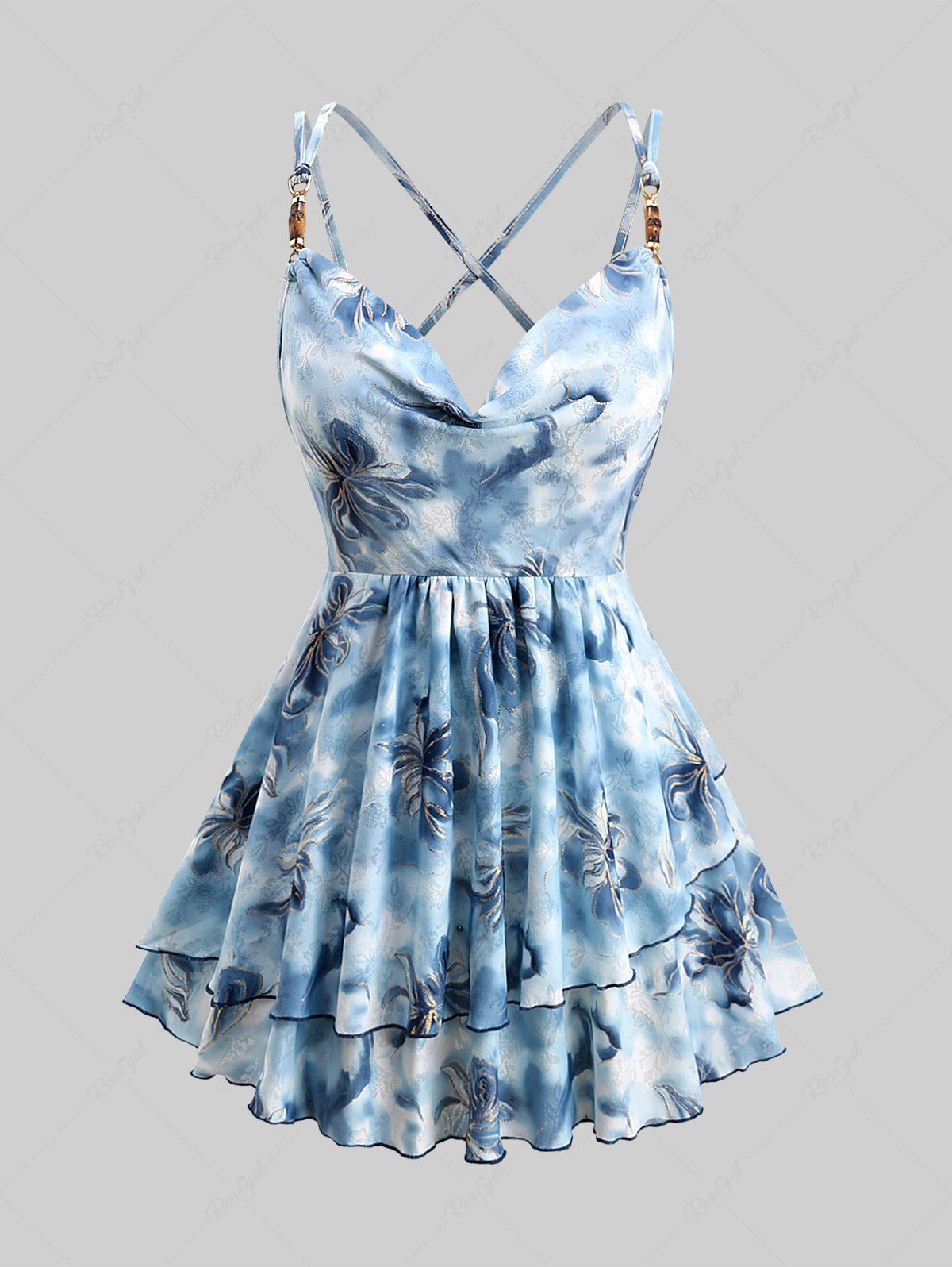 New Plus Size Cowl Neck Gilding Ombre Flower Print Pointelle Hollow Out Layered Ruffles Crisscross Backless Cami Top  