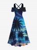 Cold Shoulder Coconut Tree Ombre Sky Print Plus Size Matching Hawaii Beach Outfit For Couples -  