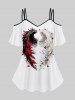 Cold Shoulder Rose Flower Feather Wings Heart Print Cami T-shirt and Flare Pants Plus Size Matching Set -  