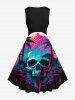 Robe Vintage Trapèze Arbre Noix de Coco et Crâne Imprimés Grande Taille - Noir 6X