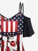 T-shirt Drapeau Américain Crâne et Peinture D'Encre Imprimés à Epaule Dénudée de Grande Taille - Noir 4X