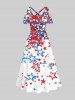 Plus Size Cold Shoulder Colorful Stars Patriotic American Flag Print Crisscross A Line Dress -  