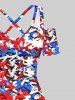 Plus Size Cold Shoulder Colorful Stars Patriotic American Flag Print Crisscross A Line Dress -  