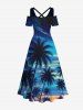 Plus Size Cold Shoulder Coconut Tree Ombre Sky Print Hawaii Crisscross A Line Dress -  