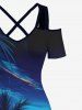 Plus Size Cold Shoulder Coconut Tree Ombre Sky Print Hawaii Crisscross A Line Dress -  