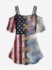 Plus Size Cold Shoulder 3D Lace Up Distressed Ombre Patriotic American Flag Eagle Print Cami T-shirt -  
