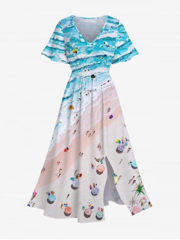 Plus Size Sea Waves Beach Seascape Colorful Sunshade Print Hawaii Split Dress - MULTI-A - XS