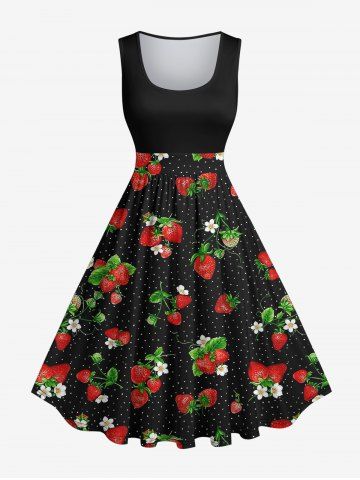 Plus Size Strawberry Flowers Leaf Print 1950s Vintage Dress - BLACK - S