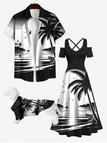 Coconut Tree Colorblock Print Hawaii Dog and Owner Matching Outfits - BLACK