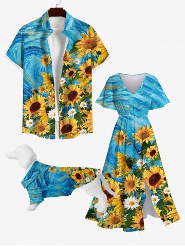 Sunflower Daisy Painting Print Dog And Owner Matching Outfits - BLUE