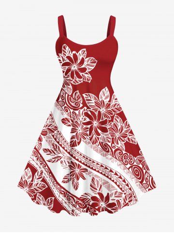 Plus Size Flower River Striped Print Hawaii Backless A Line Tank Dress - RED - XS