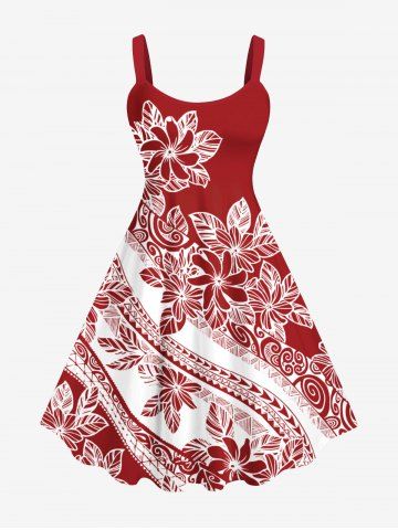 Plus Size Flower River Striped Print Hawaii Backless A Line Tank Dress - RED - 3X