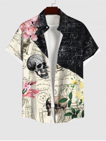 Plus Size Skulls Floral Mathematical Geometry Print Button Pocket Shirt For Men - MULTI-A - XL
