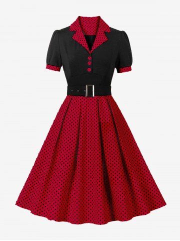 Polka Dot Print Turn-down Collar Buttons Buckle Belt Vintage Dress - RED - M