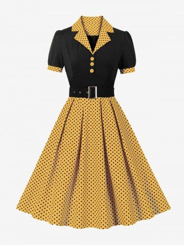 Polka Dot Print Turn-down Collar Buttons Buckle Belt Vintage Dress - YELLOW - M