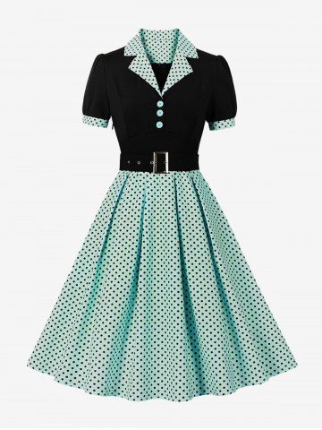 Polka Dot Print Turn-down Collar Buttons Buckle Belt Vintage Dress - GREEN - XL