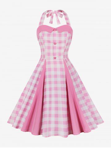 Halter Buttons Plaid Patchwork Vintage Dress - LIGHT PINK - 2XL